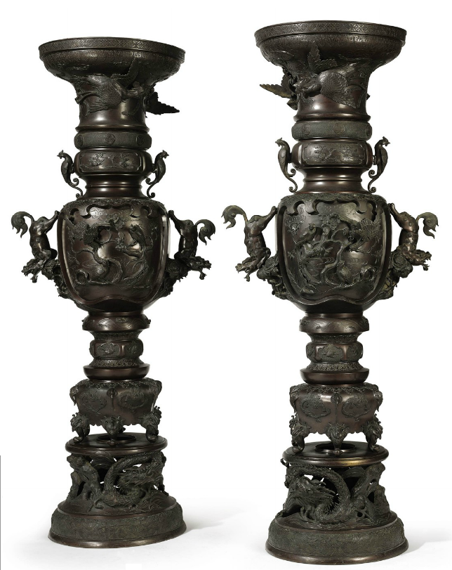 A pair of monumental bronze incense burners